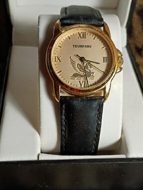 Tourneau Gold-Tone Case Watch with Black Leather Strap , Working !